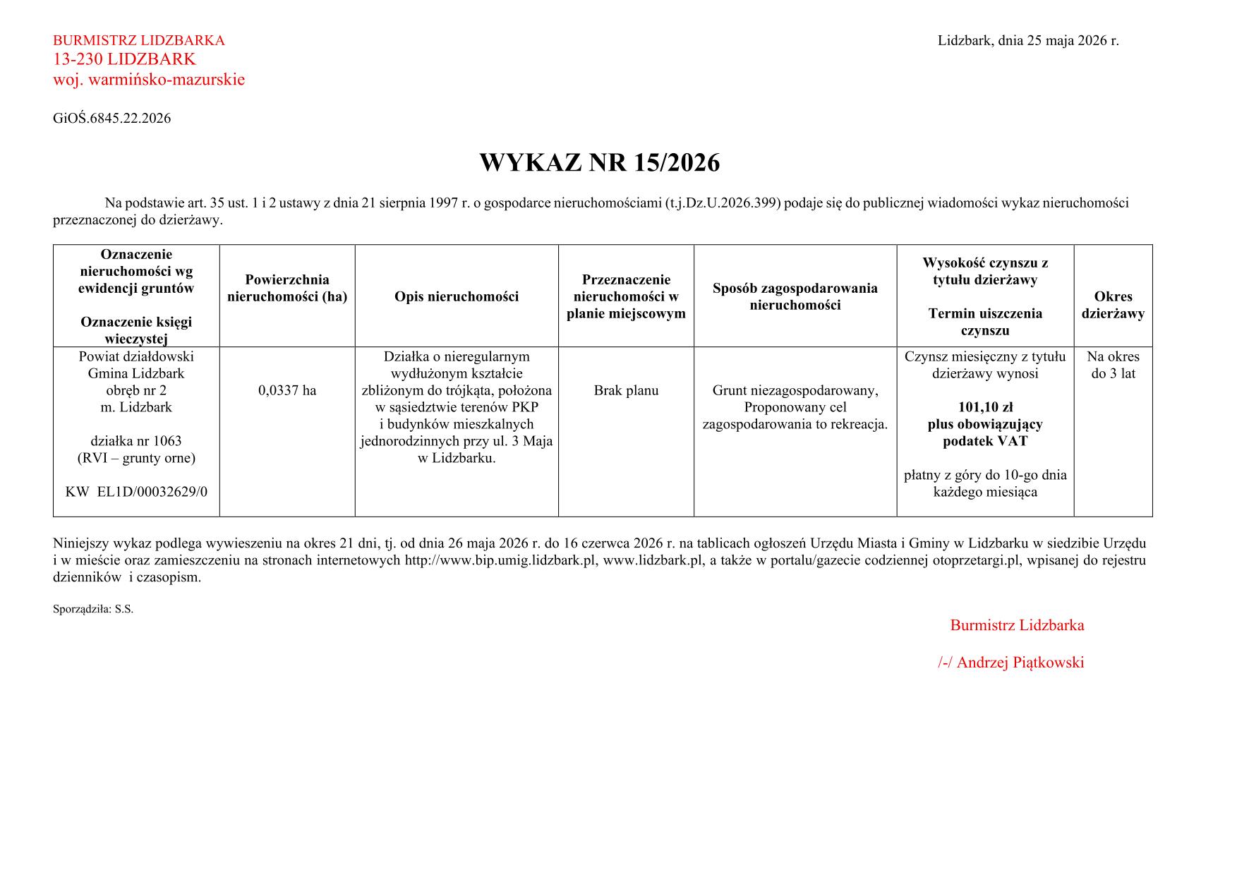 Wykaz Nr 15/2026 - Nieruchomość gruntowa do dzierżawy - Lidzbark, ul. 3 Maja dz. nr 1063 obr. 2 m. Lidzbark
